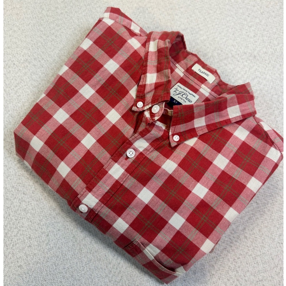 J.Crew Button Down Shirt Mens XL Red Plaid Cotton Stretch Classic Preppy K7421